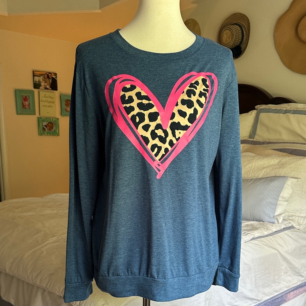 Blue Sweatshirt with Pink Heart and Leopard Print
